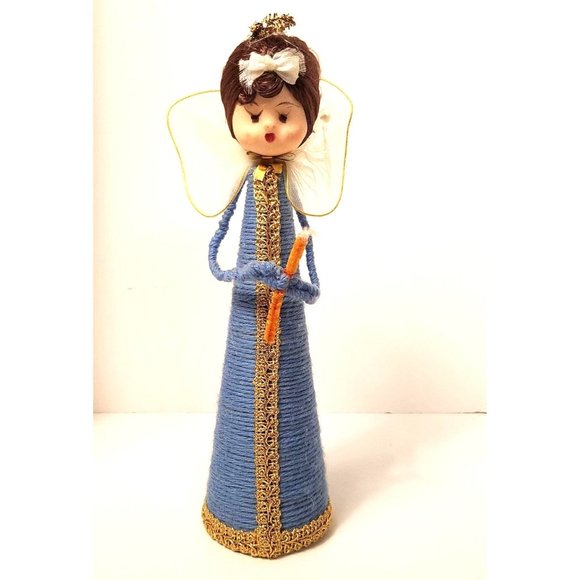 Vintage MCM Hand Crafted Tall Christmas Yarn Angel with Brocade Trim - Picture 1 of 5